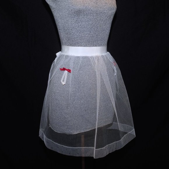 Vintage 50's White Tulle Sexy Hostess Half Apron Red Ribbon Detail Bridal Shower - Picture 4 of 8